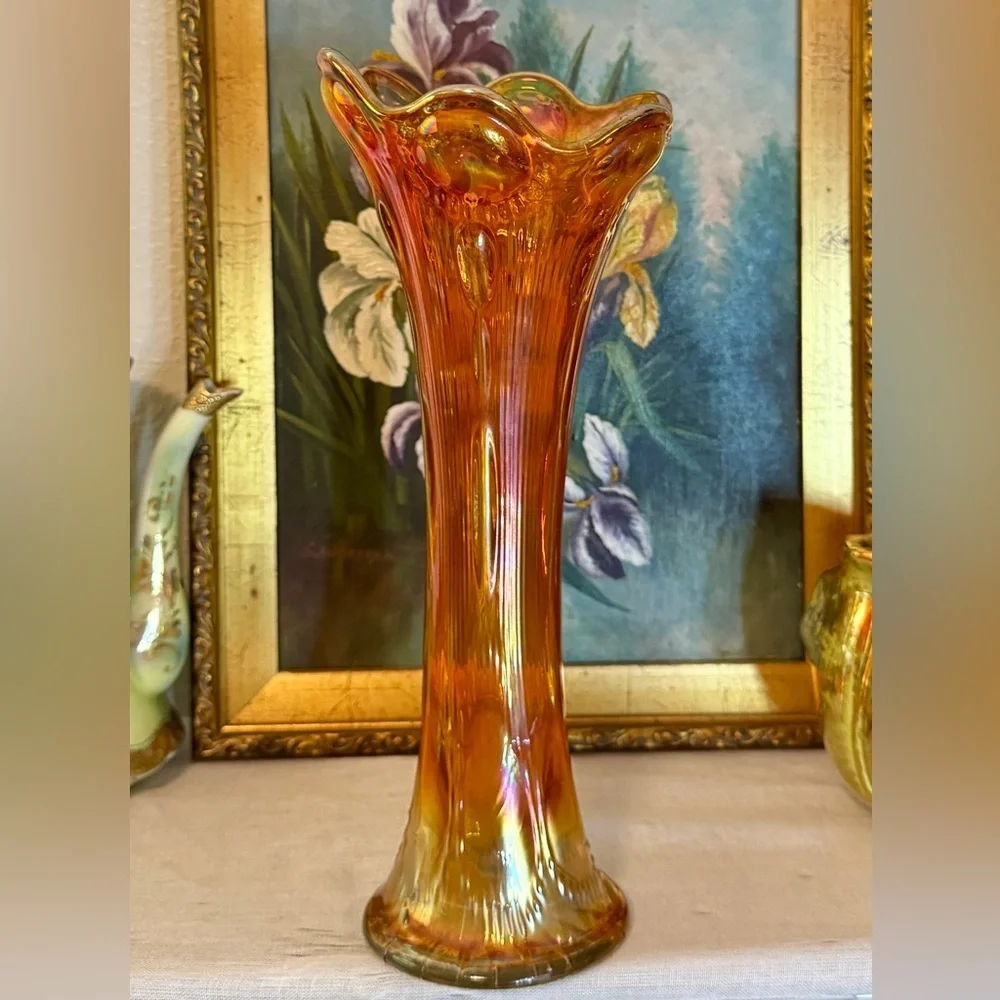 Antique Imperial Carnival Glass 1912 Marigold Beaded Bullseye Swung Vase